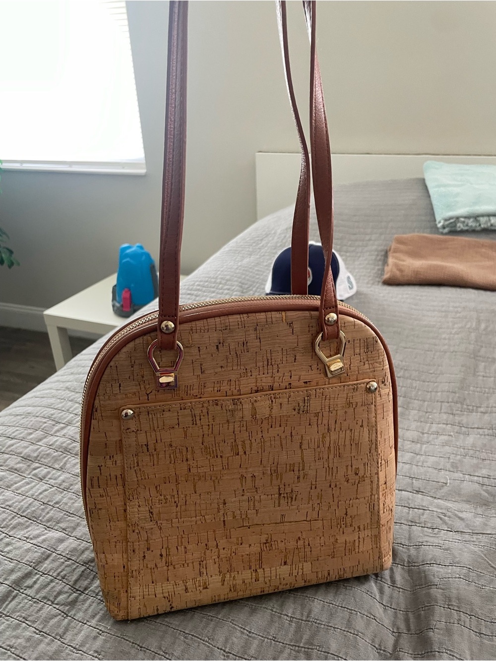 Miztique Natural Cork Convertible Backpack Shoulder Bag Tan Faux Leather Trim